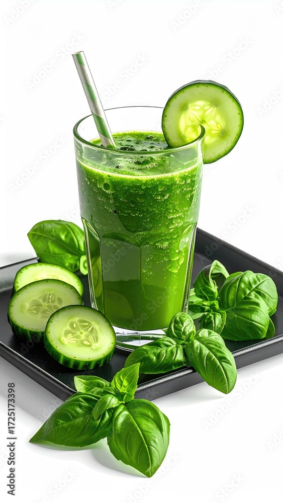 Fototapeta premium Refreshing green smoothie in a tall glass with cucumber and basil garnish on a dark tray, isolated on white