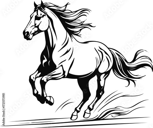 Horse running with flying mane line art – dynamic pose, simple vector, white background 2