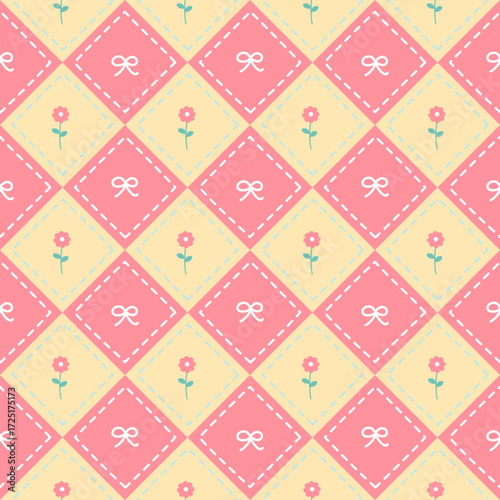 seamless minimal flower repeat pattern plaid checkered gingham background, flat vector illustration graphic design