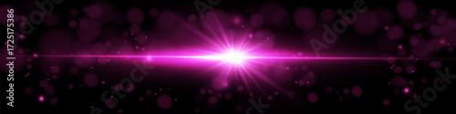 Light flare with glowing rays and bokeh particles and soft sparkles on dark background. Vector glow effect. Eps 10