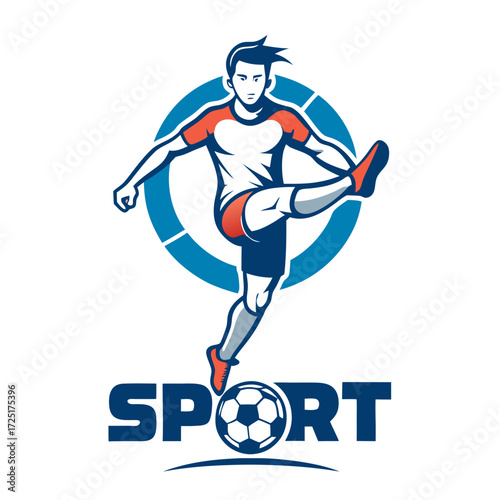 Dynamic soccer player kicking ball graphic emblem illustration design
