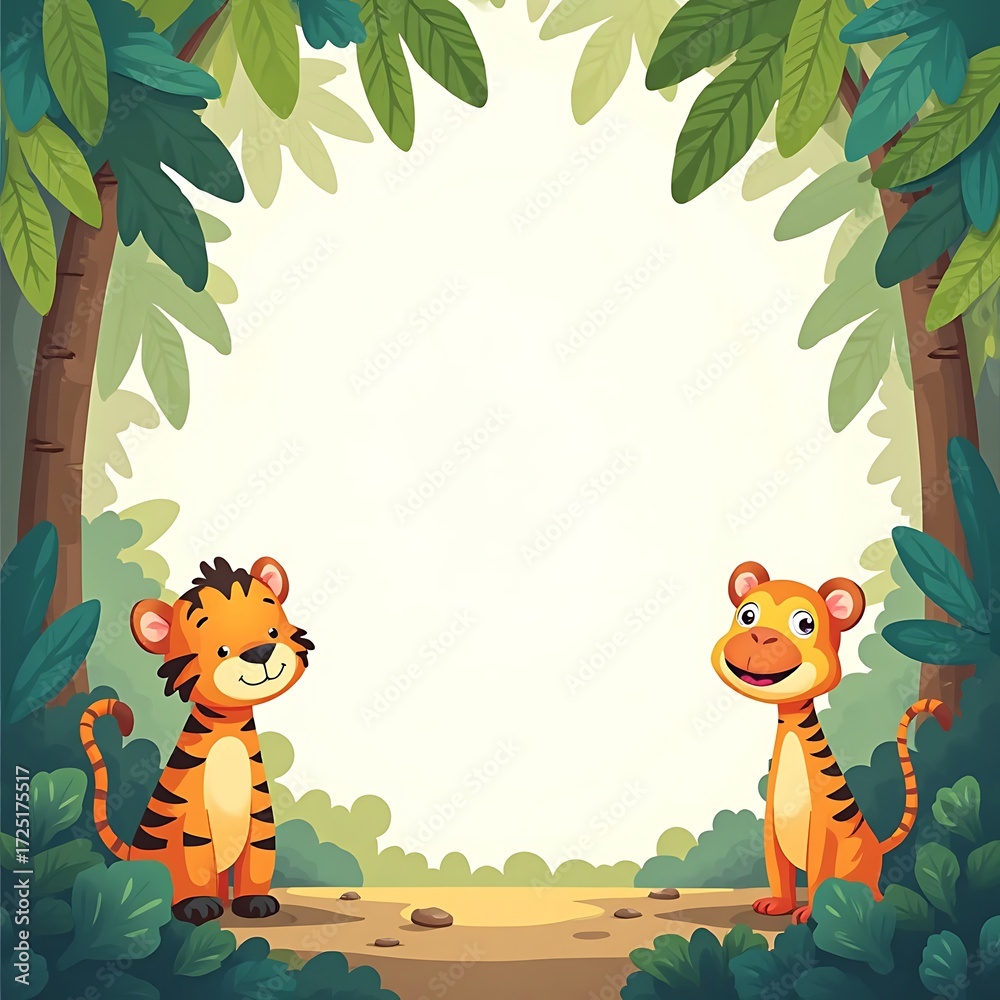 Fototapeta premium Two Cartoon Tigers in a Lush Jungle Setting Illustration