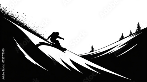 A snowboarder rides down a steep slope in a black and white vector illustration isolated on white background winter sport activity