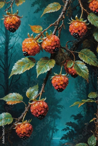 Forest in the background,free space for text on the side, berry in close-up