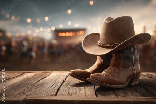 A cowboy hat and boots rest on a rustic wooden table with blurred festival lights and a lively crowd in the background