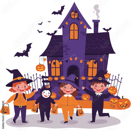 A cheerful witch, ghost, and vampire child in 2D flat vector illustration excitedly trick-or-treat at a spooky Halloween house with jack-o'-lanterns and cobwebs.