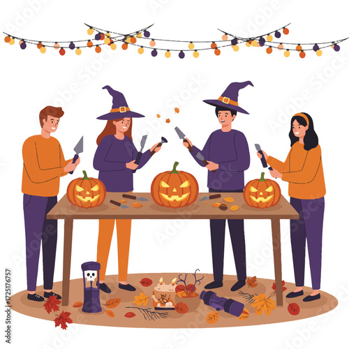 A group of friends in Halloween costumes joyfully carve jack-o'-lanterns around an outdoor table, surrounded by autumn leaves and festive string lights, in a clean 2D flat vector style.