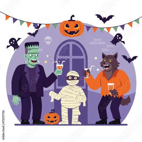 Classic movie monsters Frankenstein's monster, mummy, and werewolf are happily enjoying a Halloween party, interacting and laughing with drinks in a vibrant 2D flat vector illustration.