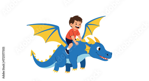 A happy boy rides a friendly blue dragon.