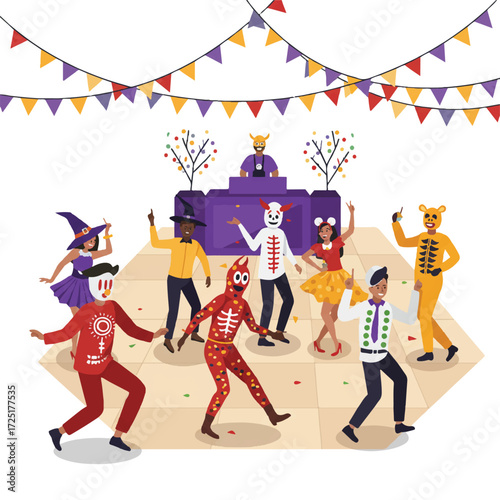 Diverse group of people in creative Halloween costumes dancing on a brightly decorated party floor with string lights and festive banners, featuring a DJ 
