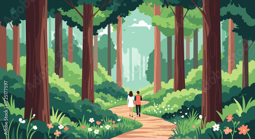 Couple walking on a forest path surrounded by trees and flowers.