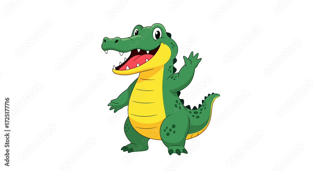 Fototapeta premium Cute cartoon alligator waving hello with a friendly smile.