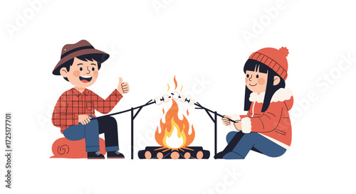Children roasting marshmallows over a campfire in winter clothing.