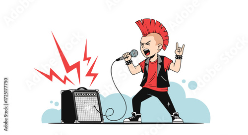 Punk rock singer with mohawk and amplifier performing music.