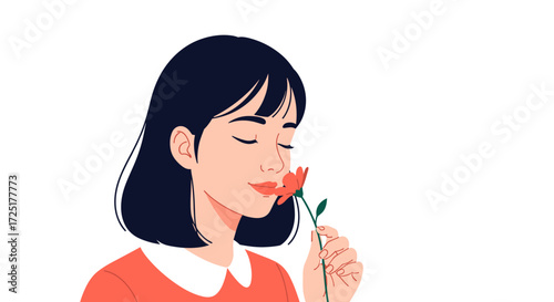 Young woman smelling a red flower with eyes closed.