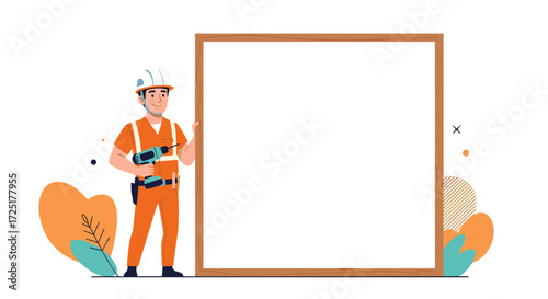 Construction worker standing next to a blank billboard.