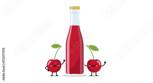 Cute Cherry Juice Bottle with Happy Cherries Characters.