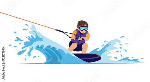Young Person Wakeboarding Through Blue Water Waves.