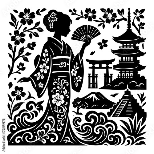 Japanese Lady with Fan, Torii, Pagoda and Mount Fuji — Sakura Floral Woodcut (Monochrome)