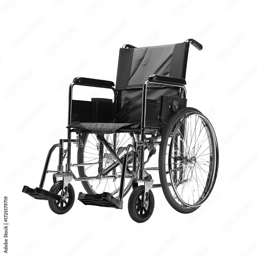 Fototapeta premium A silver metal wheelchair with black fabric seat and back positioned on a solid transparent background for enhanced visual contrast