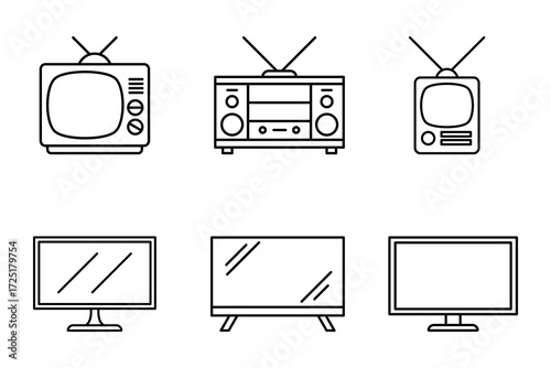 Collection of televisions showing different sizes and shapes, from classic tube models to modern flat screens