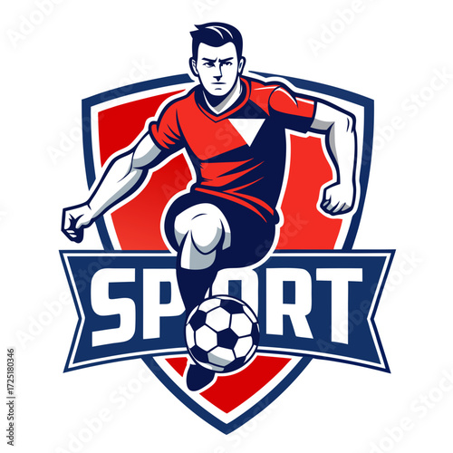 Dynamic soccer player dribbling the ball on stylized emblem
