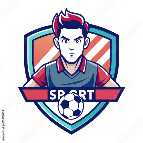 Stylized soccer player vector emblem with ball and shield