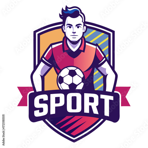 Stylized soccer player badge with ball vector illustration