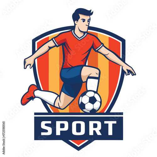 Cartoon soccer player kicking the ball within logo shield