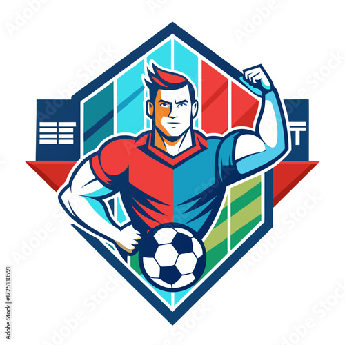 Illustration of muscular soccer player in modern badge design