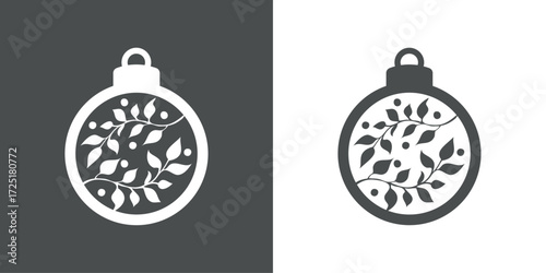 Tiempo de Navidad. Logo con silueta de bola de navidad con ramas con hojas y bayas de muérdago o acebo para tarjetas y felicitaciones
