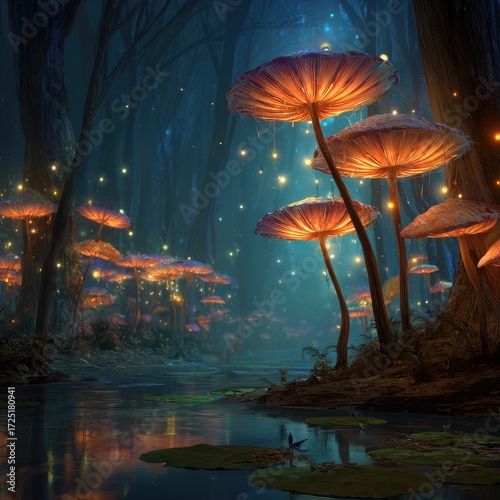 Glowing mushroom forest by a stream with fairylike lights floating in the air creating a magical atmosphere