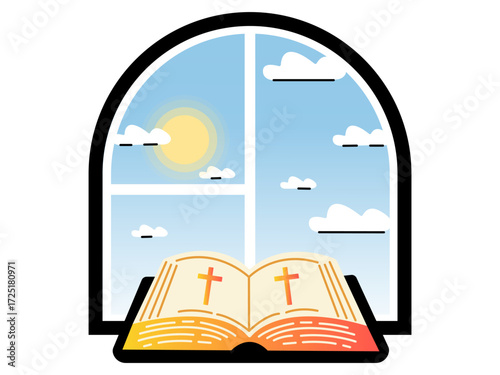 Opened Bible lies on the windowsill, a morning outside the window. Reading the Bible before starting the day. Vector illustration on an isolated white background