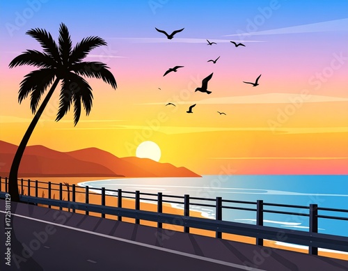 Beach landscape with sunset sky and palm tree and road guardrail. Vector illustration