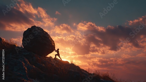 Silhouette of man pushing giant boulder uphill against dramatic sunset sky, symbol of perseverance, struggle and determination