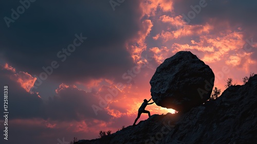 Silhouette of man pushing giant boulder uphill against dramatic sunset sky, symbol of perseverance, struggle and determination