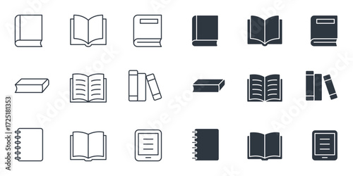 Collection of Book and Reading Icons on Light Background Featuring Closed Books, Open Books, Stacked Books, Notebooks, and E-Readers in Outline and Solid Styles