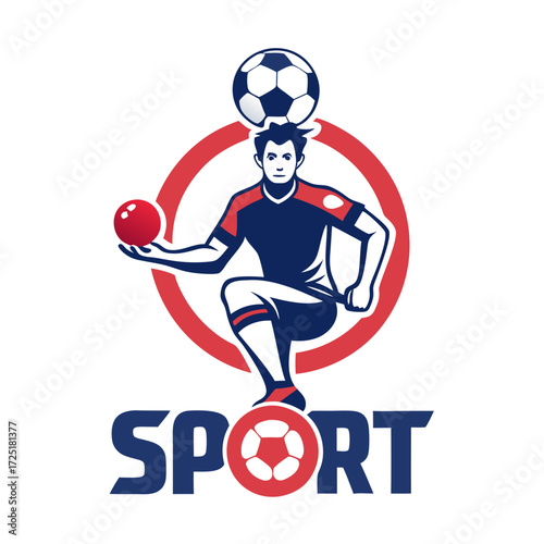 Soccer player balancing ball with circle logo graphic