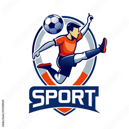 Dynamic soccer player kicking ball with sporty design elements