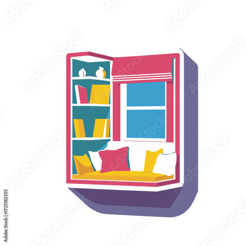 Colorful illustration of cozy corner nook with window and bookshelf