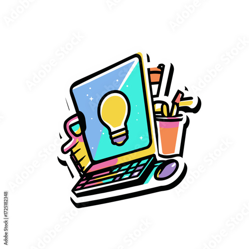 Colorful cartoon laptop with lightbulb icon symbolizing coder night