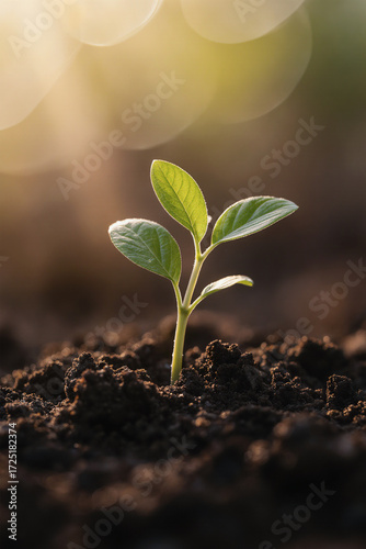 Green sapling growing from dark soil in soft sunlight.