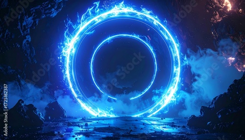 Glowing blue ring of fire in dark cave