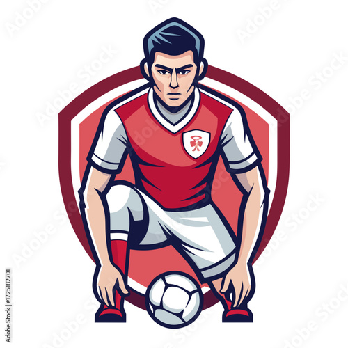 Focused soccer player crouches with ball in cartoon style