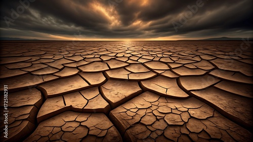 Dramatic Sunset over Cracked Earth: Arid Landscape, Drought, Climate Change Imagery