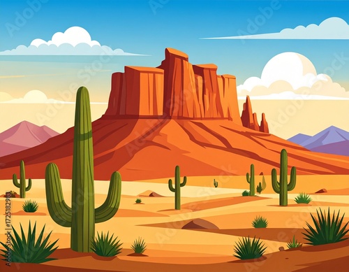 Landscape illustration of wild west desert with cacti and butte