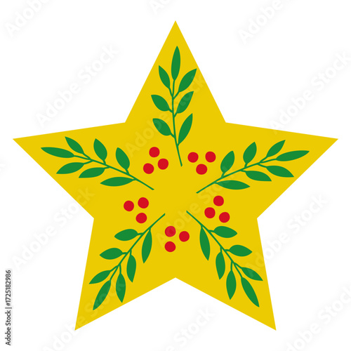 Tiempo de Navidad. Decoración primaveral. Logo con estrella con hojas y bayas para tarjetas y felicitaciones