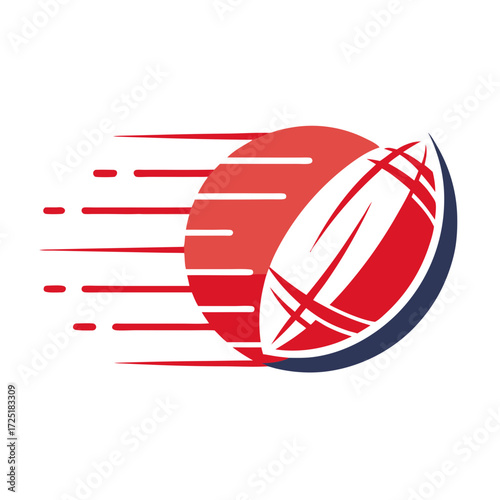 Dynamic rugby ball hurtling through the air with speed lines