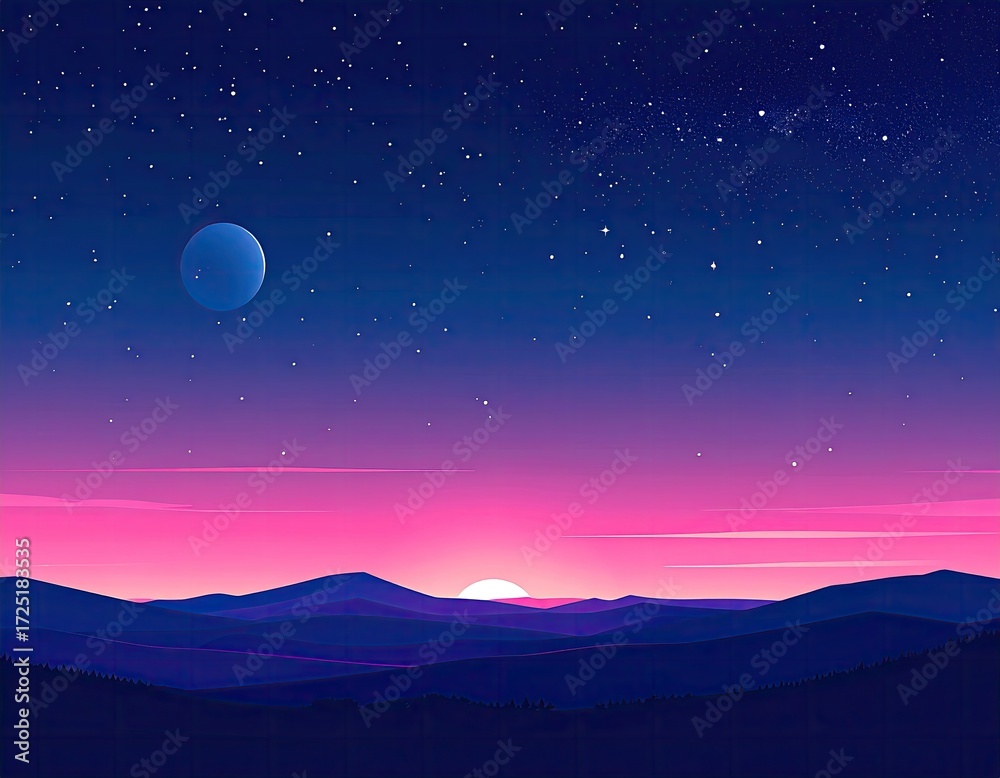 Fototapeta premium Night sky, pink sunrise, mountains