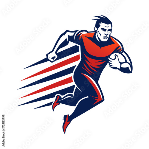 Rugby player running fast with ball in stylized illustration